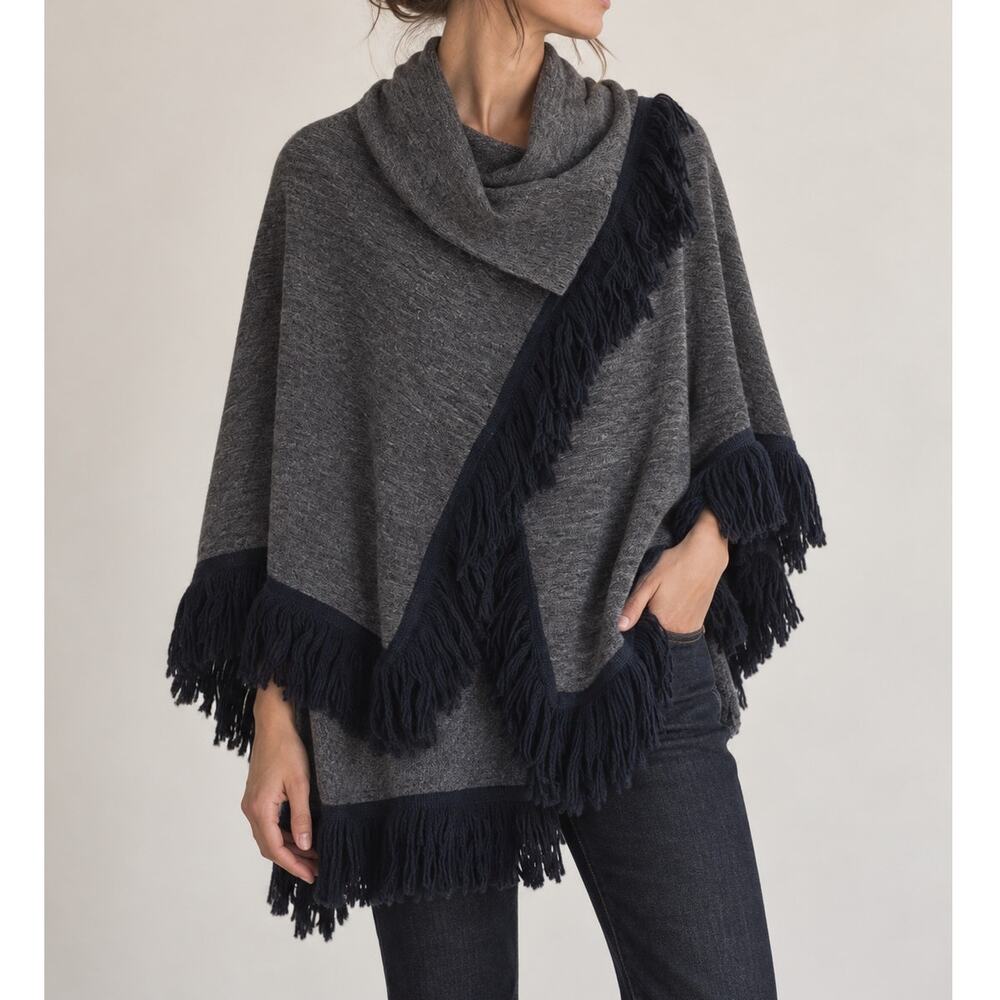 Scapa Lauren Perre Gray Wool Fringe Poncho Cape XL Asymmetrical Wrap Canada